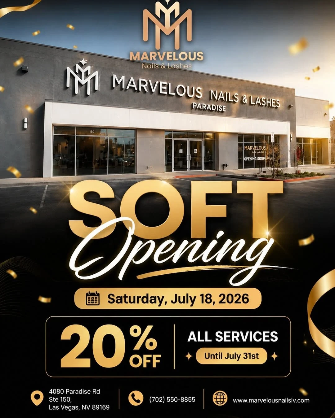 Marvelous Nails & Lashes Soft Opening — Saturday, July 18, 2026 — 20% off all services until July 31st